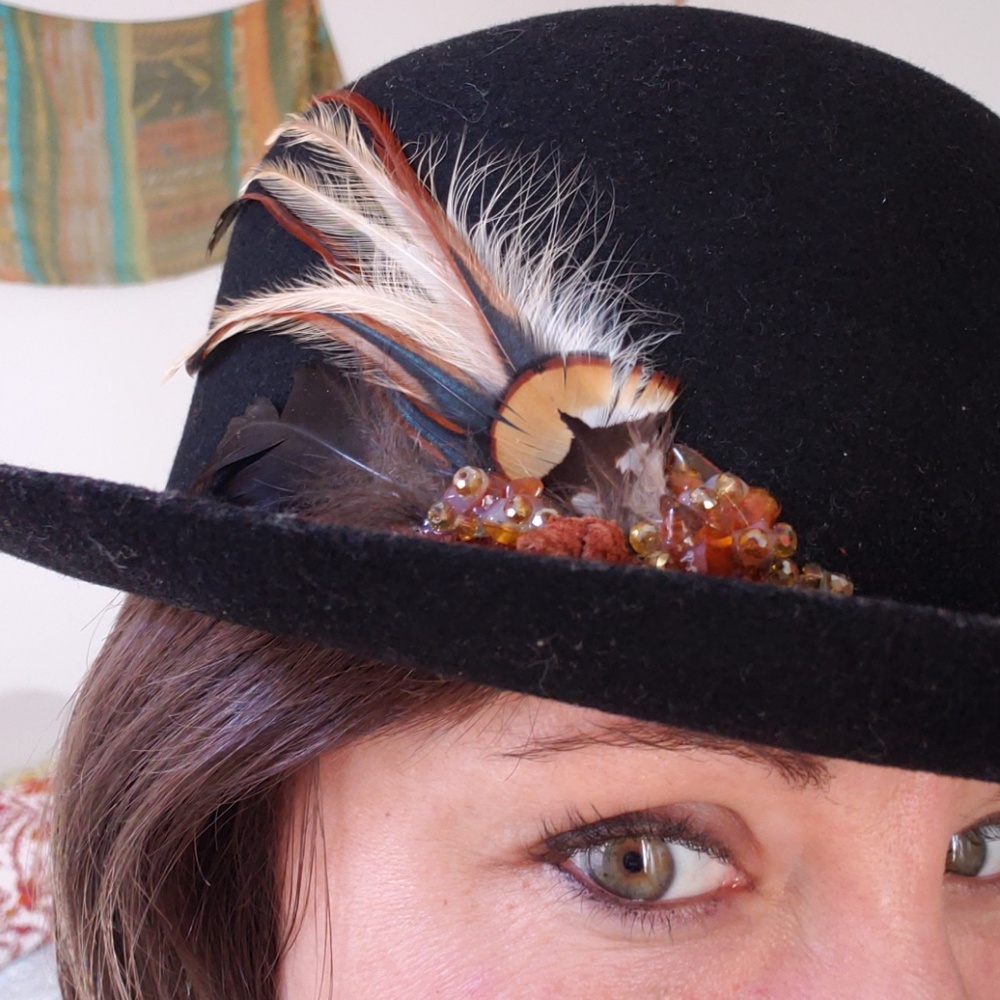 Handmade Black Felt Hat with Feathers and Amber